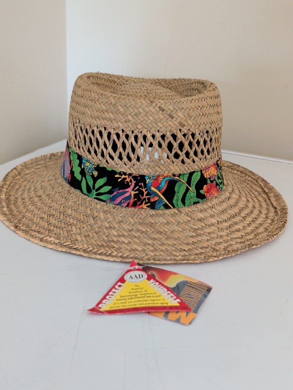 Vintage Summer Club Straw Sun Hat Wide Brim Tropical Fish Band Men’s M NWT - Picture 2 of 14